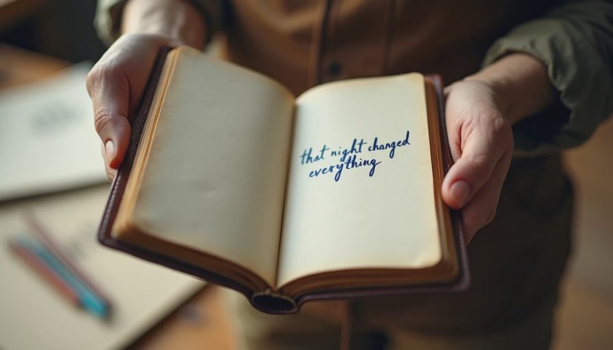 A Gift of Memory — Words Kept for Years in a Worn Notebook Hands holding open leather notebook with handwritten note visible, afternoon light on worn pages showing words 'that night changed everything', a gift of memory kept for years