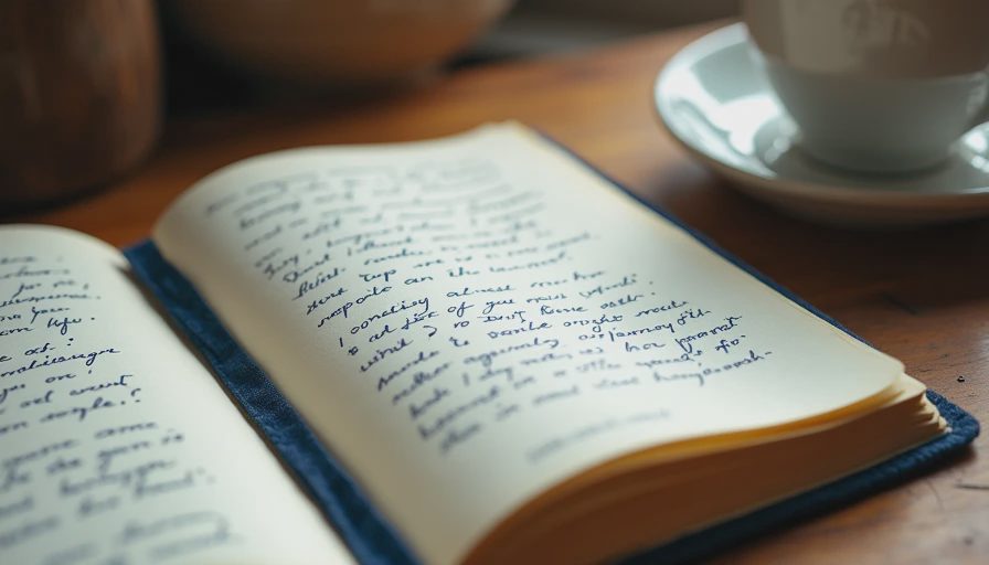 The Gift of Starting — A Hand-Bound Notebook That Gave a Writer Permission to Fill It Hand-bound navy linen notebook open with ten pages of handwritten text visible, cream thread stitching along spine, a gift that gave a writer permission to start again
