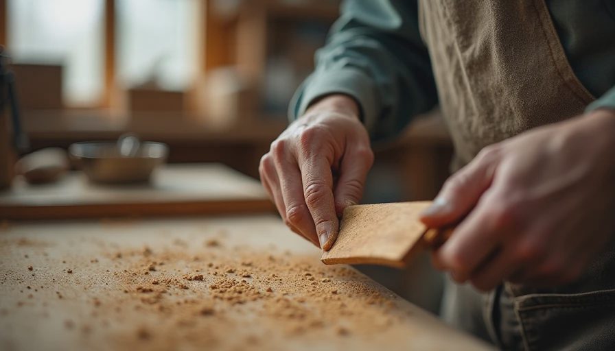 David's Approval — A Wooden Spatula That Earned Its Place in Our Kitchen Woodworker husband's weathered hands holding a cherry wood spatula, workshop sawdust background visible, his rare approval of a handmade tool earned through honest design