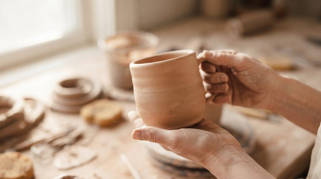 Handmade ceramic mug from independent potter, held by artisan hands, natural light warming the unglazed clay texture with visible finger marks