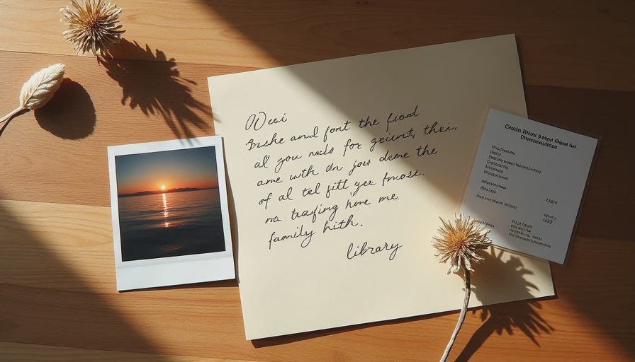Collection of meaningful non-object gifts on wooden table, polaroid sunrise photo letter and donation receipt, family's love expressed through presence not presents