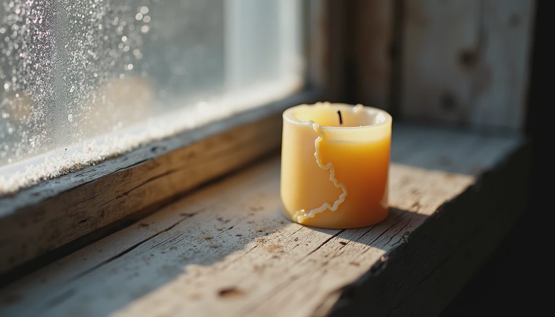 Single beeswax candle resting on wooden windowsill, partially melted edge catching morning frost light, impermanent gift that slowly disappears with use