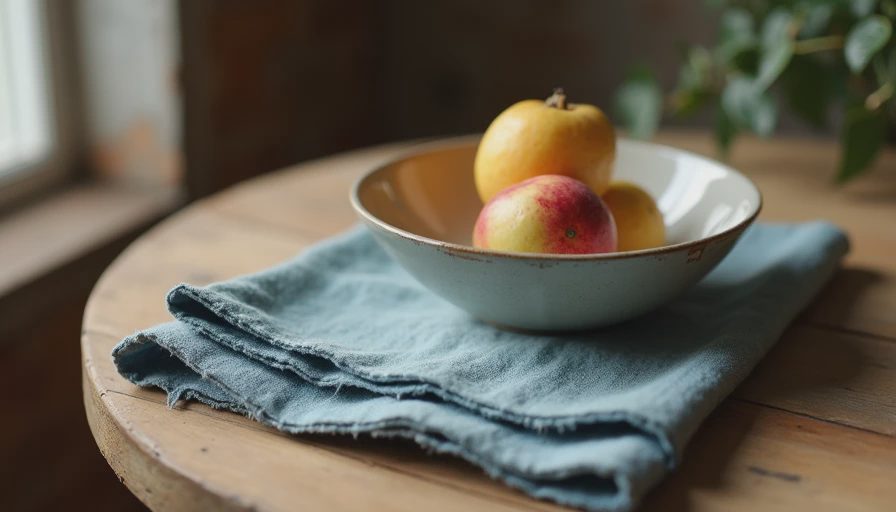 What a Napkin Can Carry — A Hand-Dyed Linen Gift That Makes Life Slower Hand-dyed blue-gray linen napkin draped on wooden table under ceramic fruit bowl, soft shadows and frayed edges visible, a gift that makes everyday meals feel slower