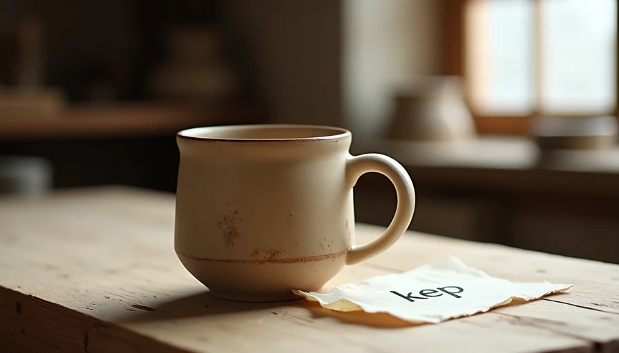 Unglazed ceramic mug with visible finger marks on raw wood table, rice paper note saying 'keep' beside it, a gift that passes the test of form function and feeling