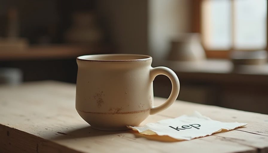 Unglazed ceramic mug with visible finger marks on raw wood table, rice paper note saying 'keep' beside it, a gift that passes the test of form function and feeling
