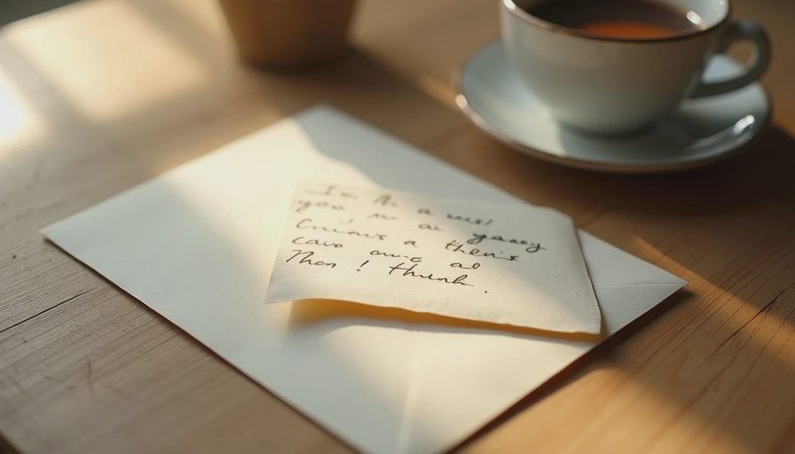 Handwritten story on folded cream paper partially pulled from envelope, warm ink visible on light oak surface, a personal love letter gift that holds memories not things