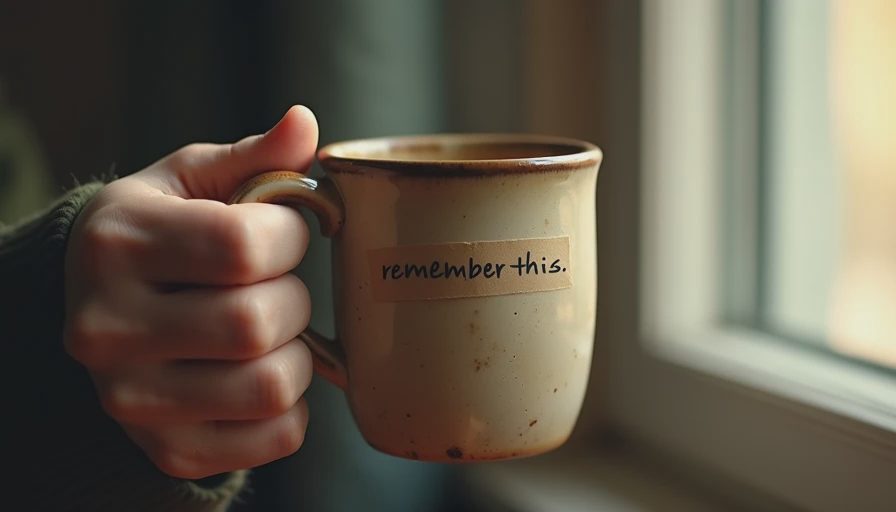 Hand holding a well-worn ceramic mug with patina from years of use, soft light highlighting subtle wear, a gift that passed the feeling test and became a cherished companion
