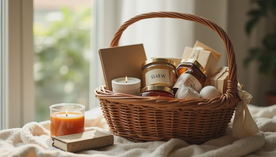 The Problem with Plenty — Five Gifts That Compete for Space Wicker gift basket filled with candle honey soap tea and notebook, five objects perfectly arranged on table, abundance that asks where they all will go