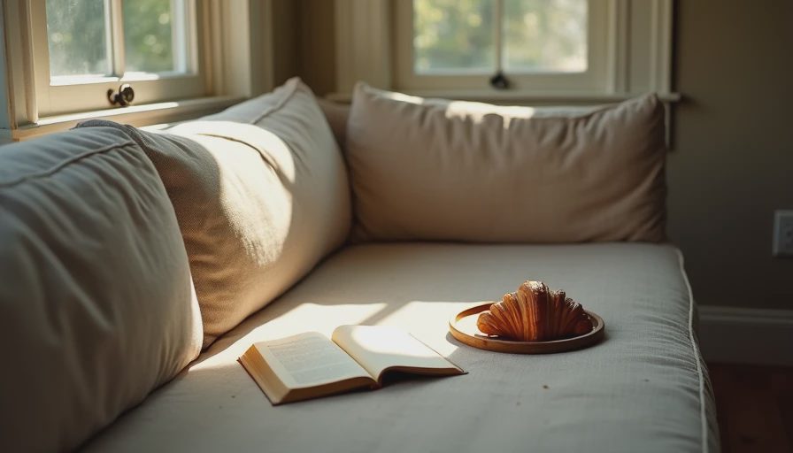 An Empty Day — The Gift of a Morning That Belongs Only to You Empty sunlit living room corner with book on couch and croissant on plate, warm morning light dust particles floating, a stolen day of rest gifted by love