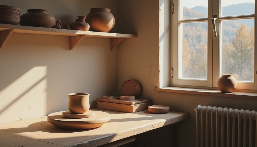 Empty pottery studio with wheel and half-finished clay vessel, warm afternoon light from windows, a year of studio time waiting for someone to become a maker