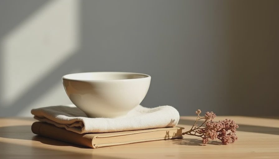 The Cost of Clutter — Objects That Survived Politeness But Not Presence Small stack of forgotten objects pushed to corner of wooden surface, ceramic bowl linen napkin worn notebook, gifts that survived politeness but not presence