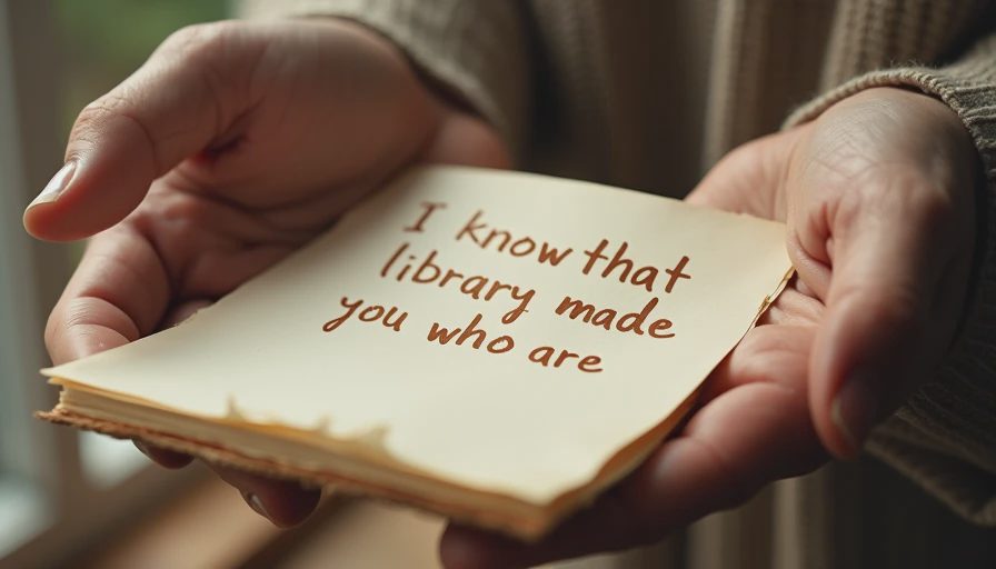 Hands holding handwritten note with words 'I know that library made you who you are', warm light on cream paper, a donation gift that saw and honored her story
