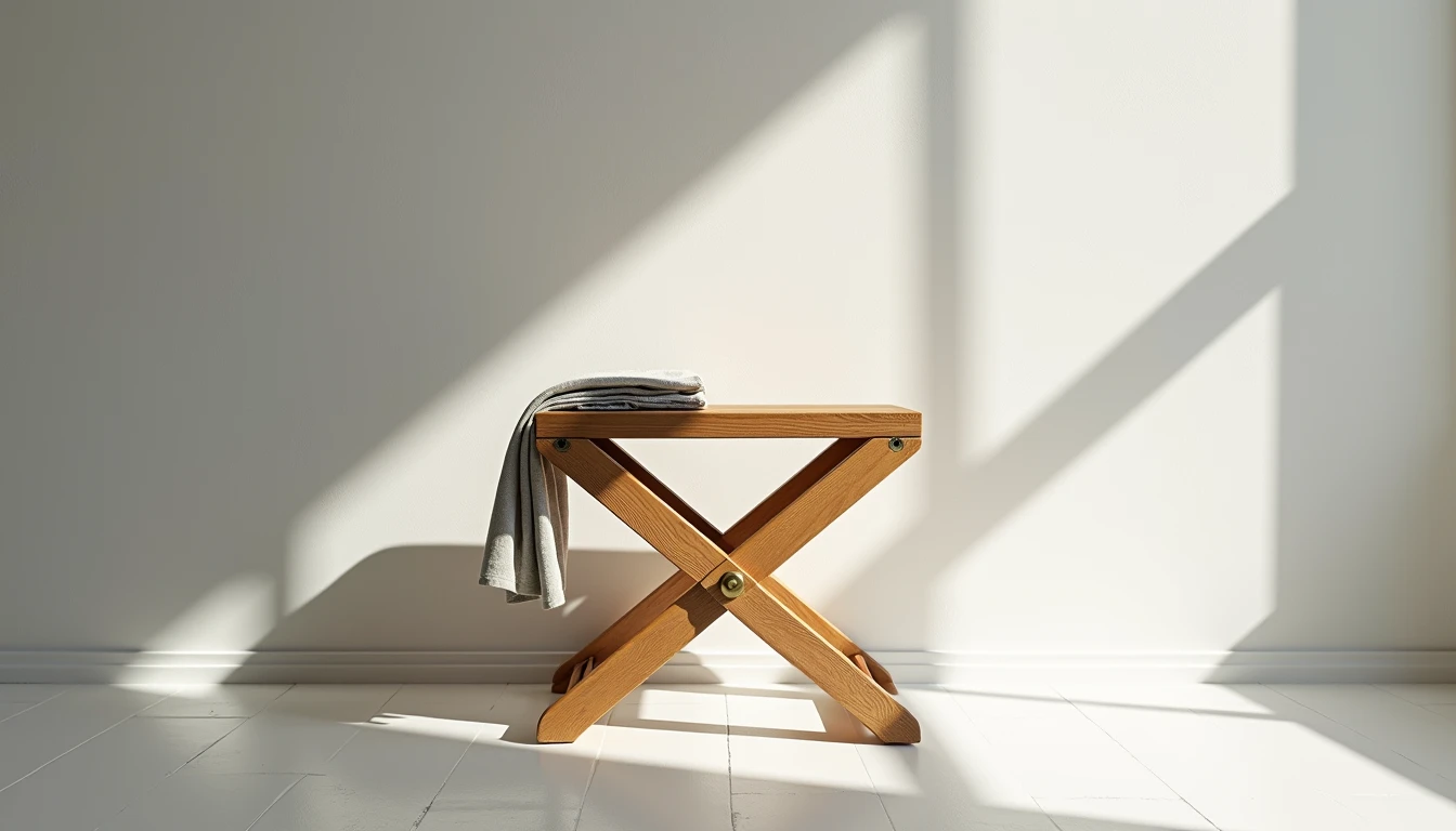 Folding Stool — A Gift That Leaves Space, Mid-Fold Detail Folding wooden stool in natural oak mid-fold showing brass hinge, collapsed against white floor casting geometric shadows, space-saving furniture that folds flat when not needed