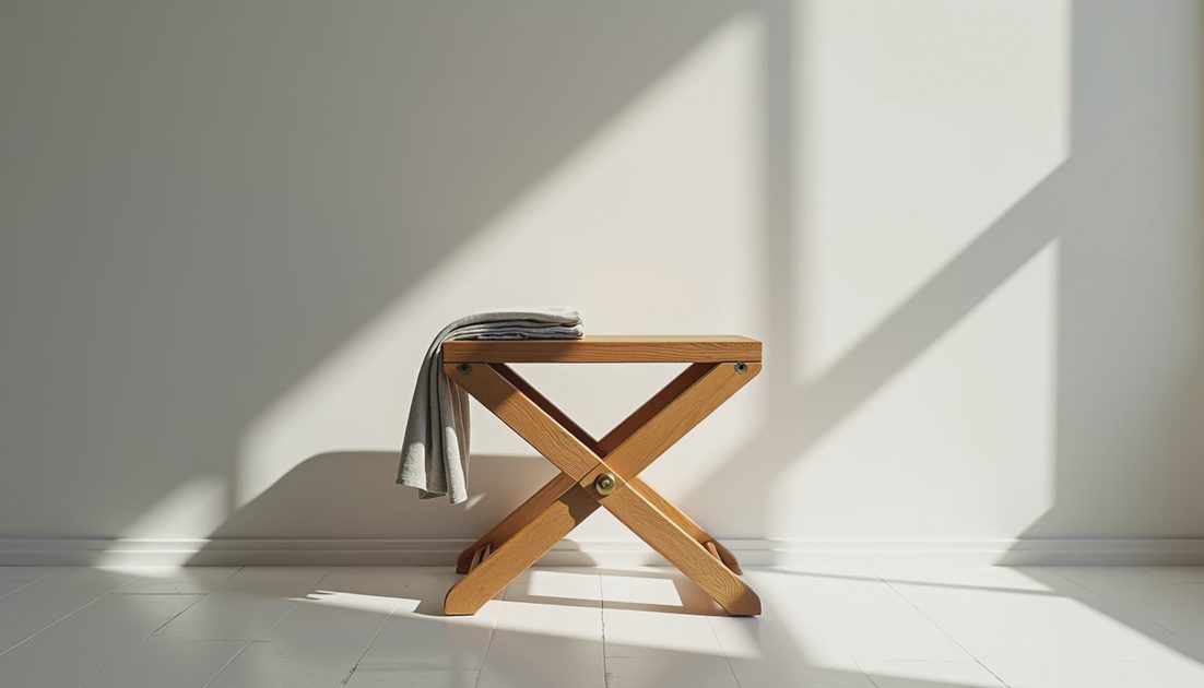 Folding wooden stool in natural oak mid-fold showing brass hinge, collapsed against white floor casting geometric shadows, space-saving furniture that folds flat when not needed