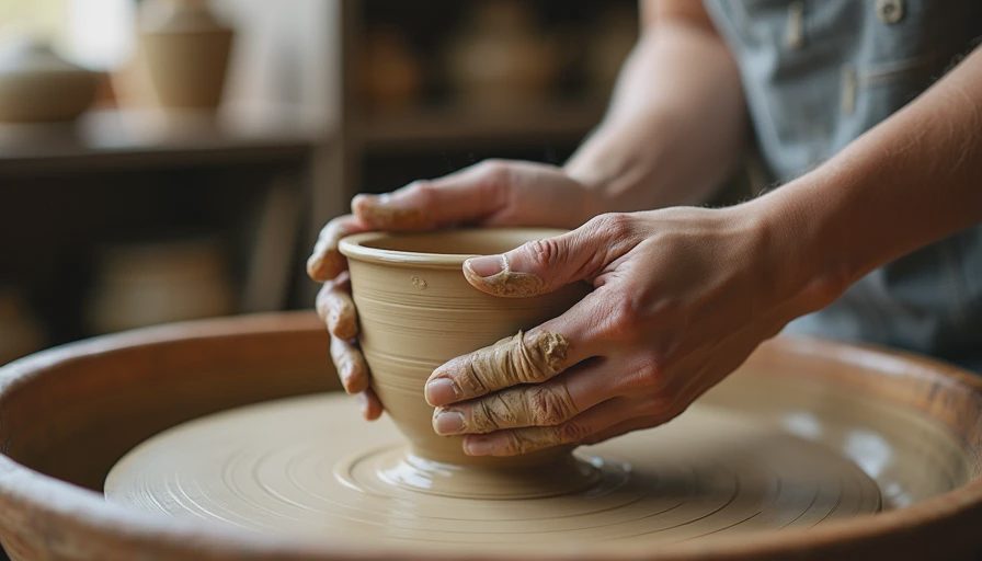 The Clay That Took Three Months — Hands Shaping What Would Become a Mug Potter's hands shaping raw riverbed clay on wooden wheel, natural impurities visible in wet material, slow craft that took three months to perfect into a mug