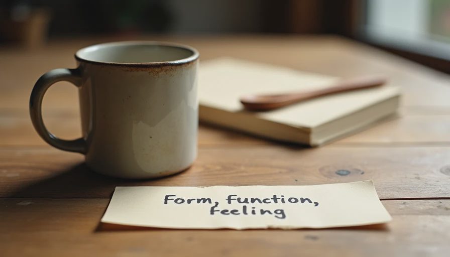 Three objects arranged in careful triangle on wood surface, ceramic mug wooden spoon and notebook with note saying Form Function Feeling, testing if a gift passes all three